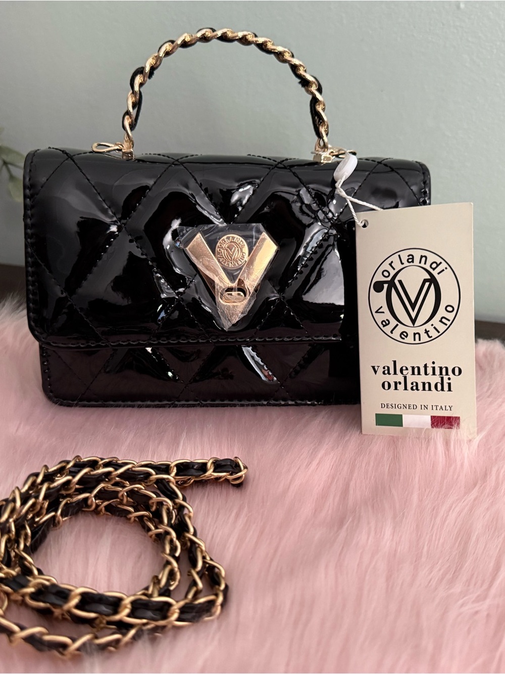 Valentino Orlandi Black Patent Quilted Top-Handle Bag with Gold Hardware